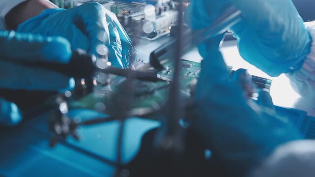 Closeup of a gloved hand installing a microchip on a blue motherboard. Perfect for concepts of AI development, hardware engineering, and IT infrastructure assembly in a digital world.