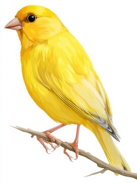 Vibrant Yellow Canary Perched On A Thin Branch Against A Clean White Background