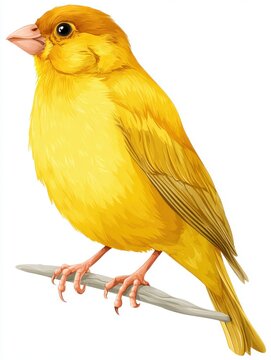 Vibrant Yellow Canary Perched On A Small Branch Isolated On A Plain White Background