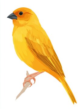 Vibrant Yellow Canary Perched On A Twig Isolated On A Pure White Background Detailed Illustration