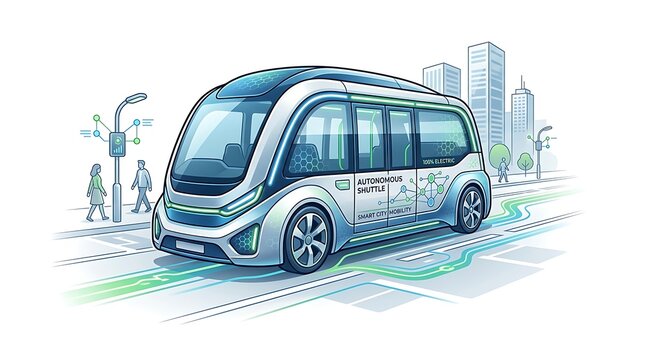 Autonomous electric shuttle driving in a futuristic smart city