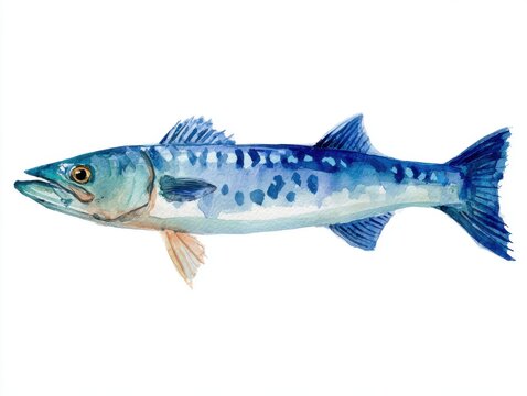 Watercolor Painting Of A Blue Mackerel Fish Isolated On White Background