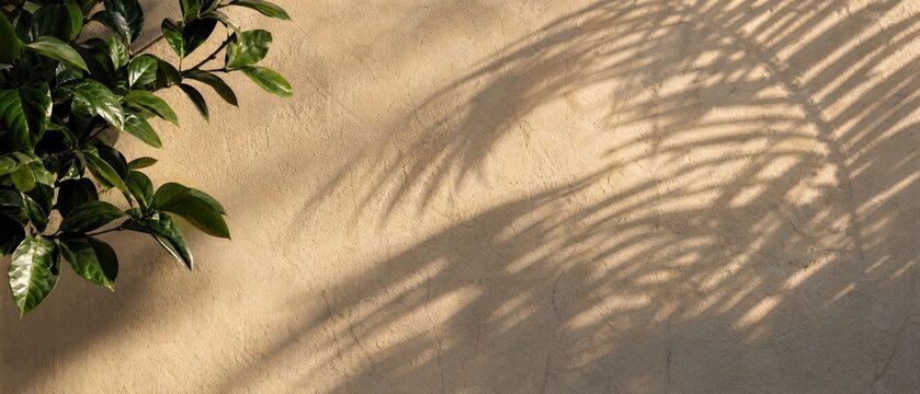 Natural tropical palm leaf shadow cast on sand texture background with tropical sunlight background abstract