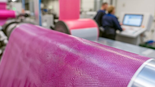 Flexographic anilox roller transferring ink onto label film in sharp focus and blurred press operators behind. Concept of label printing.