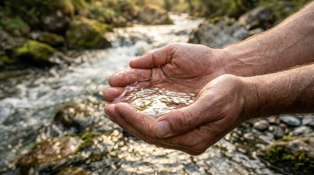 Person holding clear stream water in cupped hands outdoors.