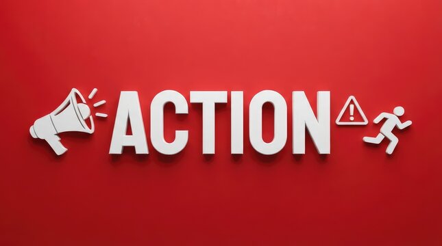 Bold 3d text action graphic with megaphone and alert symbols on vibrant red background with showcases striking 3D typography design word ACTION paired megaphone