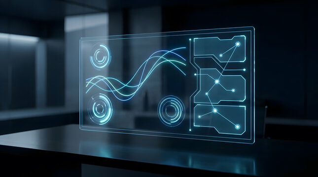 Futuristic transparent holographic screen displaying glowing data graphs and user interface elements in a dark room