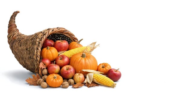 Autumn harvest cornucopia filled with fresh seasonal fruits vegetables and corn