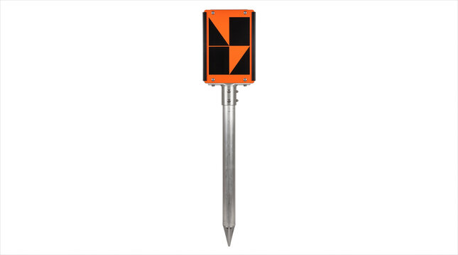 Orange and Black Surveying Prism Target on a Metal Stake - essential for precise land measurement, construction site mapping, and civil engineering projects