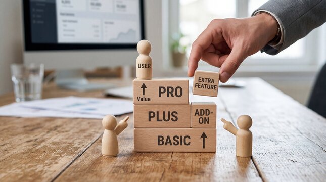 Business growth strategy concept with wooden blocks labeled basic plus pro and user on desk