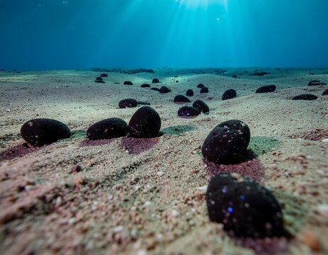 Black sea turtle hatchlings emerging from sand nest.