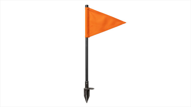 An orange safety flag on a ground stake - ideal for safety warnings, outdoor activity markers, construction site visuals, and product catalog displays