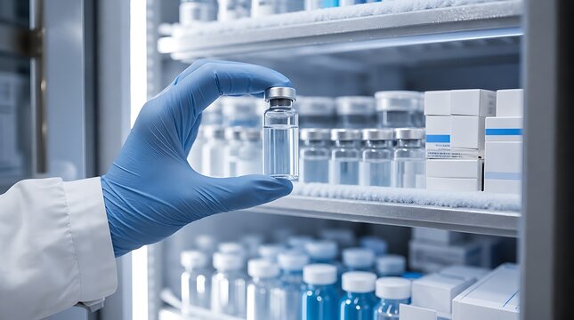 Gloved hand taking clear vaccine vial from cold storage refrigerator in medical lab, representing medicine storage and pharmaceutical safety