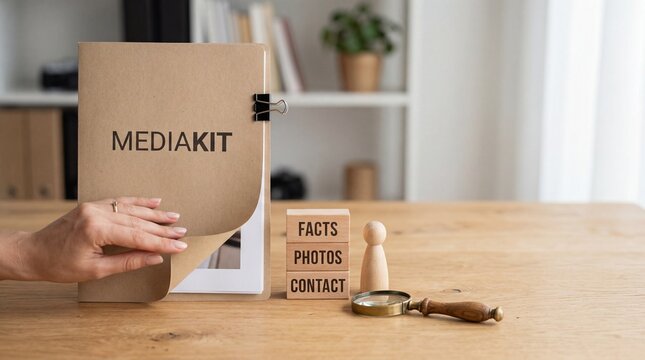 Media kit concept with hand flipping folder and wooden blocks labeled facts photos contact on desk