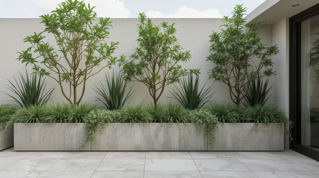 Terrace garden cascading greenery minimalist concrete planter with trees and ornamental grass