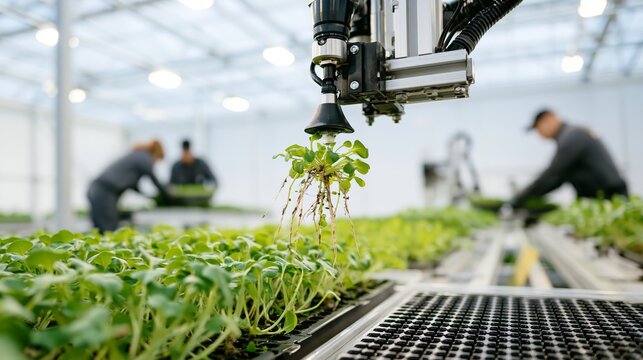 Robotic transplanter arm lifting a seedling in sharp focus and blurred nursery workers behind. Concept of greenhouse propagation automation.