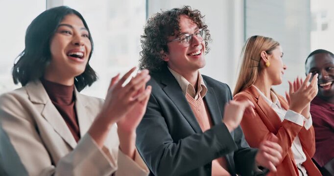 Success, smile or crowd at seminar with clap, achievement or celebration for business growth. Happy, people or employees at event with good news, group applause or motivation for company milestone.