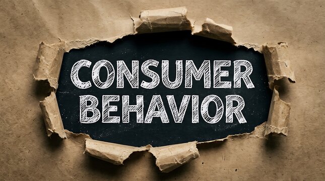 Consumer behavior text written on a chalkboard revealed through a torn brown paper background