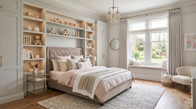 Elegant Luxury Kids Bedroom With Upholstered Bed, Custom Storage, Soft Pastel Decor and Spacious Clean Interior