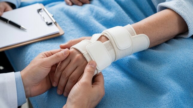 Doctor examines injured patient hand wearing orthopedic wrist brace support. Specialist checks medical splint during clinic visit after trauma. Professional physician performs physical checkup for
