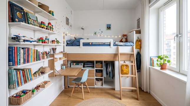 Clean Small Kids Bedroom With Space Saving Storage Bed, Wall Shelves and Compact Foldable Study Desk