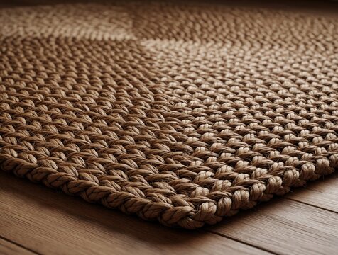 Close up view of woven jute rug on wooden floor. Natural braided fiber texture creates rustic pattern in home decor. Eco friendly sisal mat adds warm organic feel to living room apartment interior