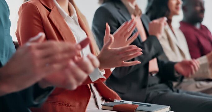 Success, hands or crowd at seminar with clap, achievement or celebration for business growth. Victory, people or employees at event with good news, group applause or motivation for company milestone.