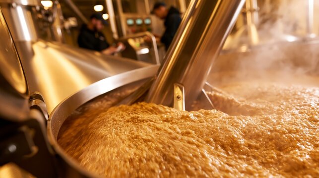 Brewery mash tun rake arm stirring grain mash in sharp focus and blurred brewers behind. Concept of beer mashing production.