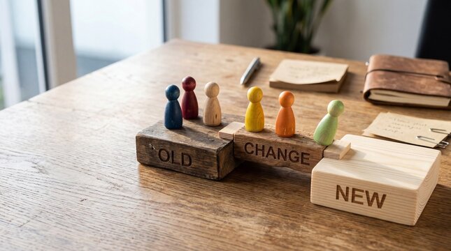 Change management concept with wooden figures moving from old to new blocks on desk