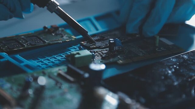Closeup of a gloved hand installing a microchip on a blue motherboard. Perfect for concepts of AI development, hardware engineering, and IT infrastructure assembly in a digital world.