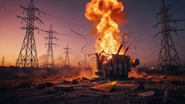 Severe electrical transformer explosion at sunset with explosion transformer electricity electrical infrastructure accident catastrophe emergency industry industrial powerline structure