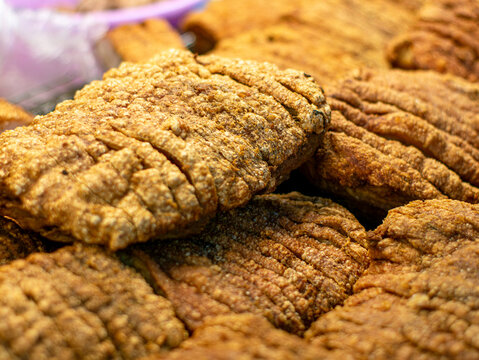 Crispy Fried Pork Rinds Texture Close Up Thai Street Food Snack