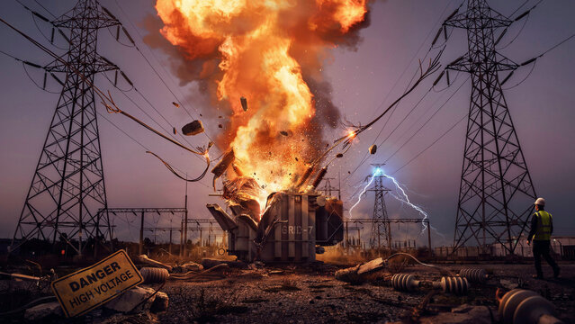 Industrial transformer explosion with electrical arcing explosion transformer electricity lightning electrical technician infrastructure accident catastrophe emergency industry industrial