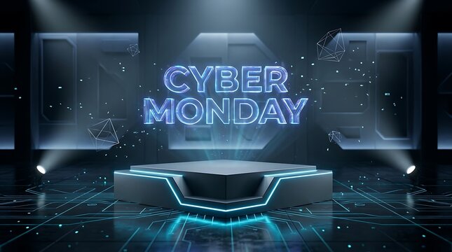 Cyber Monday neon text display on a futuristic digital podium with glowing circuit board floor background