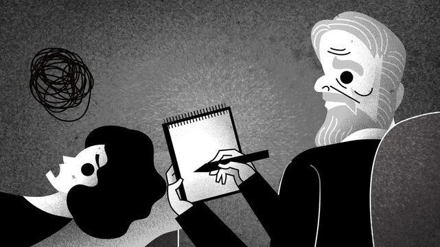 psychoanalyst analyzing and organizing a female patient's tangled thoughts on the couch