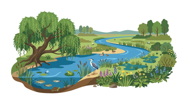 Flat vector illustration of a healthy river ecosystem with diverse wetland wildlife