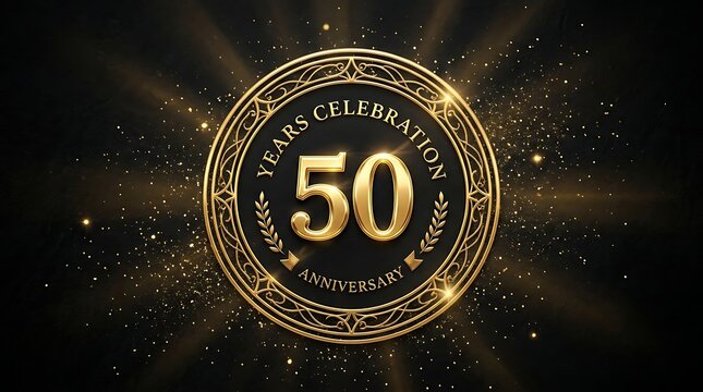 Golden 50th anniversary celebration emblem with ornate circular frame and glowing light particles on black background