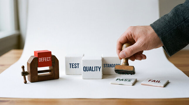 Quality control concept with hand stamping pass or fail on test blocks