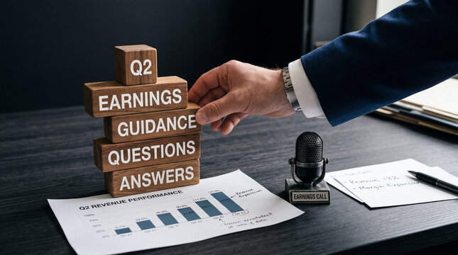 Business earnings call concept with wooden blocks and microphone on desk