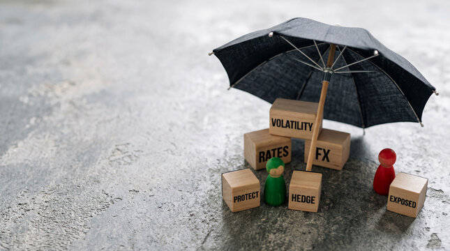 Financial risk protection concept with umbrella shielding wooden blocks labeled volatility rates and fx