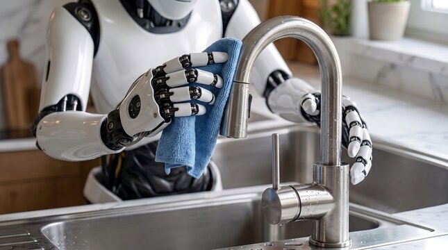 A humanoid robot meticulously cleans a kitchen faucet with a blue cloth, showcasing advanced automation in domestic tasks.