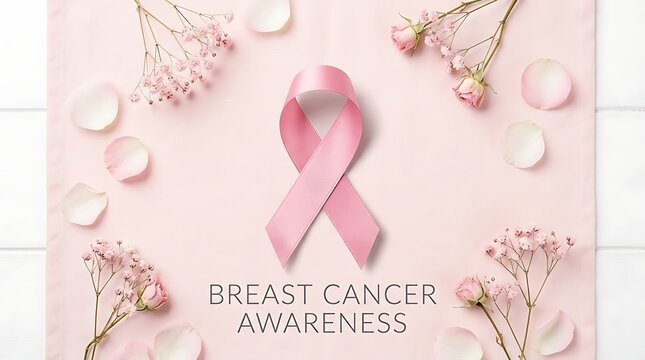 Pink ribbon symbol for breast cancer awareness with delicate floral decorations on a soft pastel background photo