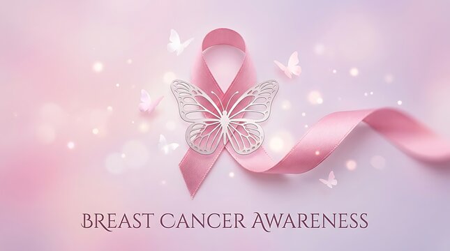 Pink ribbon with butterfly ornament for breast cancer awareness campaign on a soft blurred pastel background