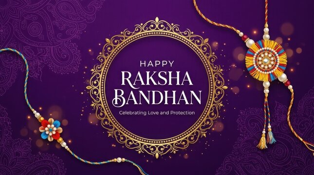 Happy Raksha Bandhan celebration with decorative rakhi and text honoring love and protection, Indian festival.