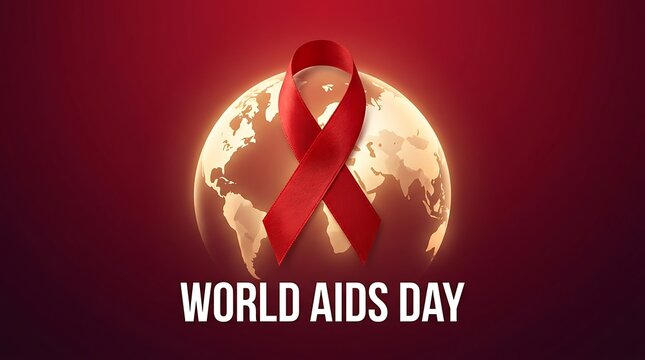 Red awareness ribbon over a glowing earth globe representing World AIDS Day on a dark background