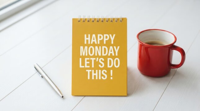 Bright motivational monday message with coffee mug and notebook on light surface with evoking positivity productivity light yellow notebook paired