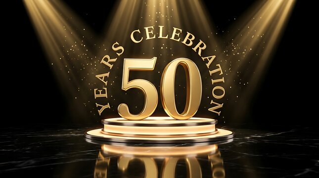 Golden 50th anniversary celebration sign on a glowing pedestal with stage spotlights and dark marble floor background