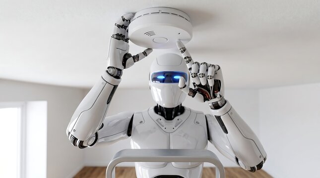 A futuristic white robot with a blue visor installs a smoke detector on a white ceiling.