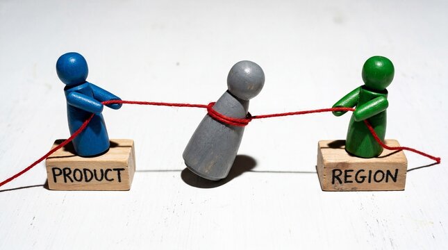 Product and region teams pulling rope around central figure representing business conflict or strategy concept