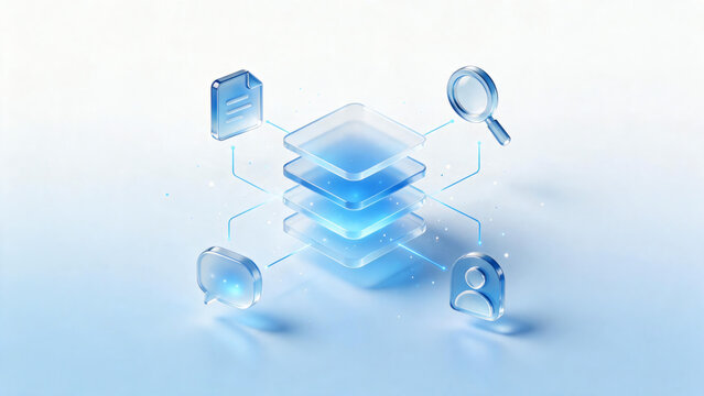 3D isometric glassmorphism database server architecture with connected glass icons for document search chat message and user profile network technology concept